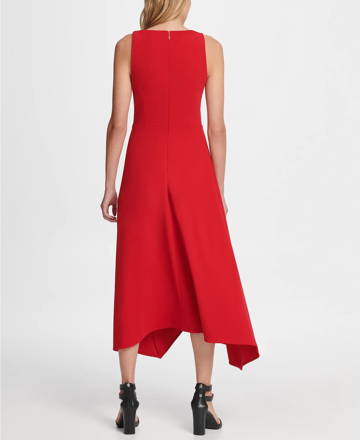 Vestido midi feminino DKNY com decote em V dourado e acabamento em renda, tamanho 10, vermelho