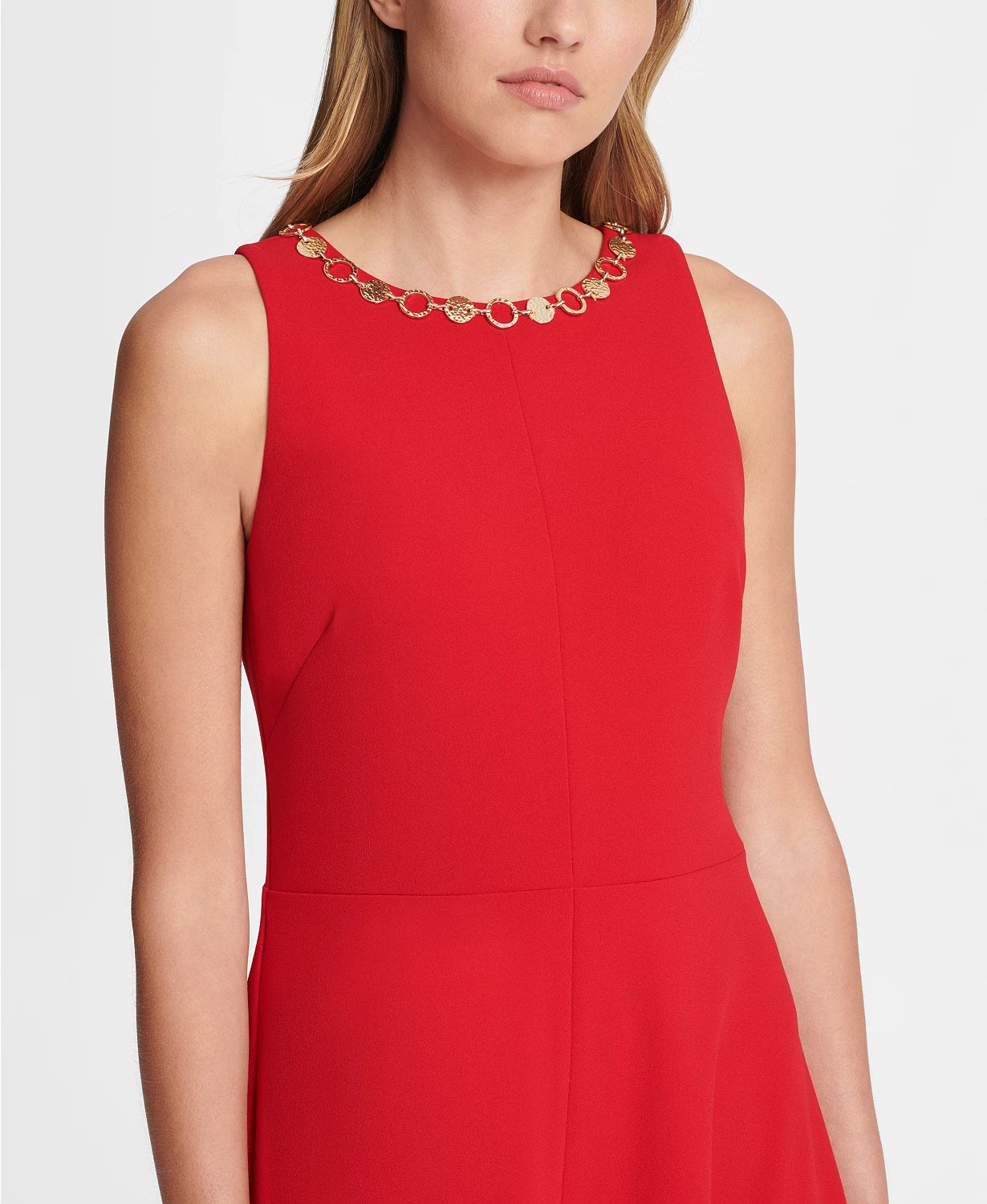 Vestido midi feminino DKNY com decote em V dourado e acabamento em renda, tamanho 10, vermelho