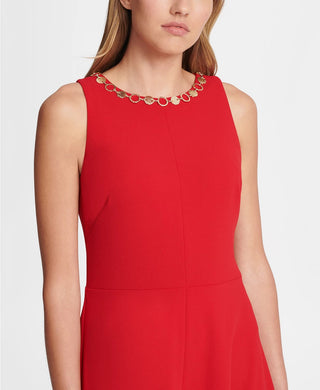 DKNY Women's Gold Link Neck Trim Midi Dress Red Size 10