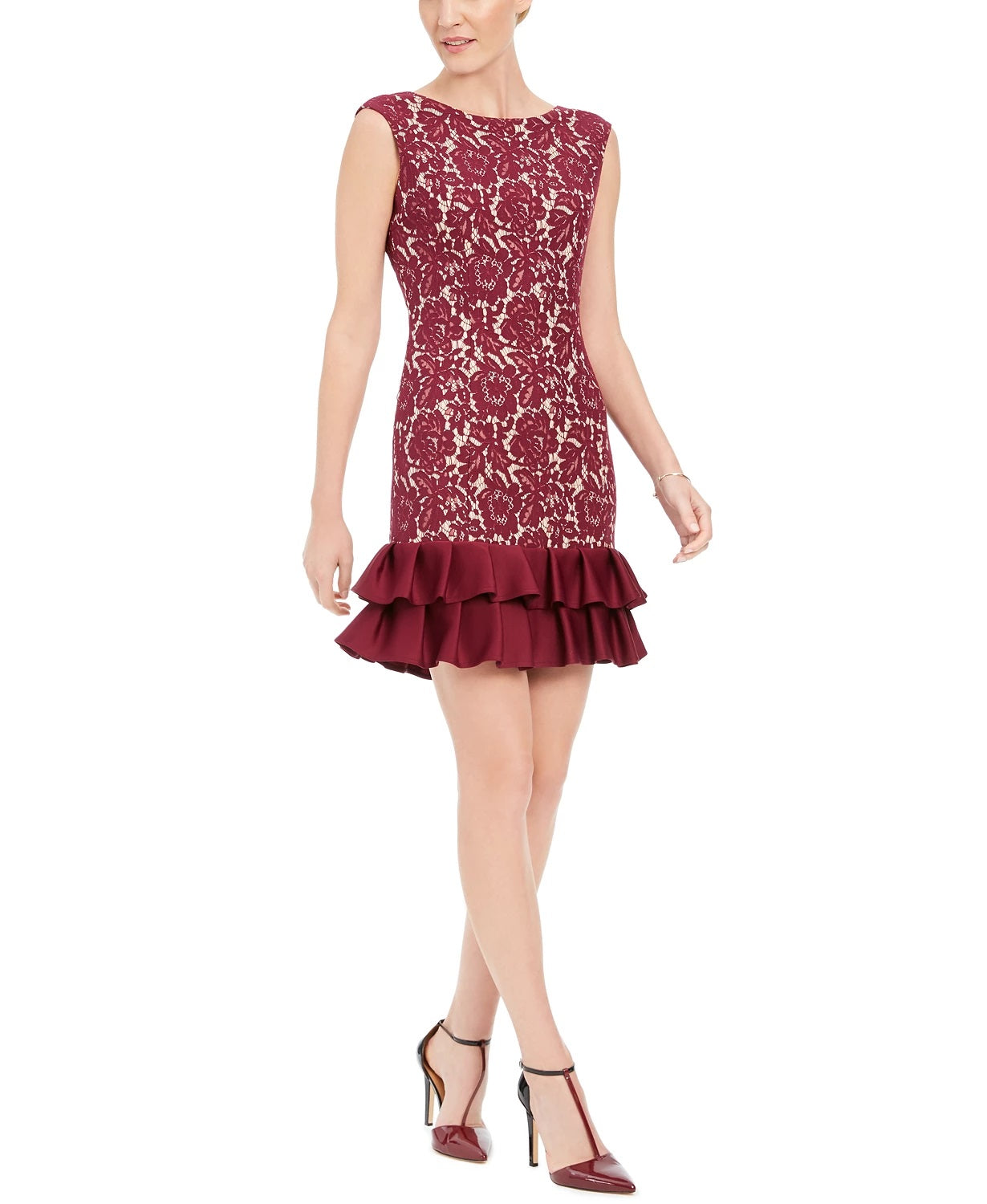 Vestido tubinho de renda com babados Donna Ricco feminino, vermelho, tamanho 10