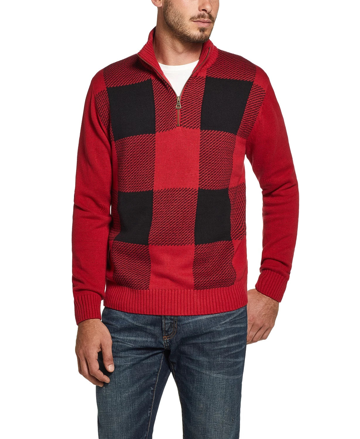 Suéter masculino vintage à prova de intempéries com zíper de um quarto, xadrez Buffalo, vermelho, tamanho médio