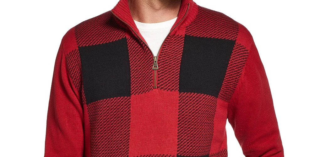 Suéter masculino vintage à prova de intempéries com zíper de um quarto, xadrez Buffalo, vermelho, tamanho médio