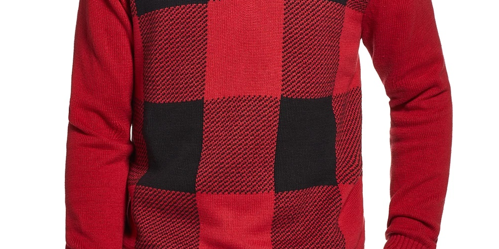 Suéter masculino vintage à prova de intempéries com zíper de um quarto, xadrez Buffalo, vermelho, tamanho médio