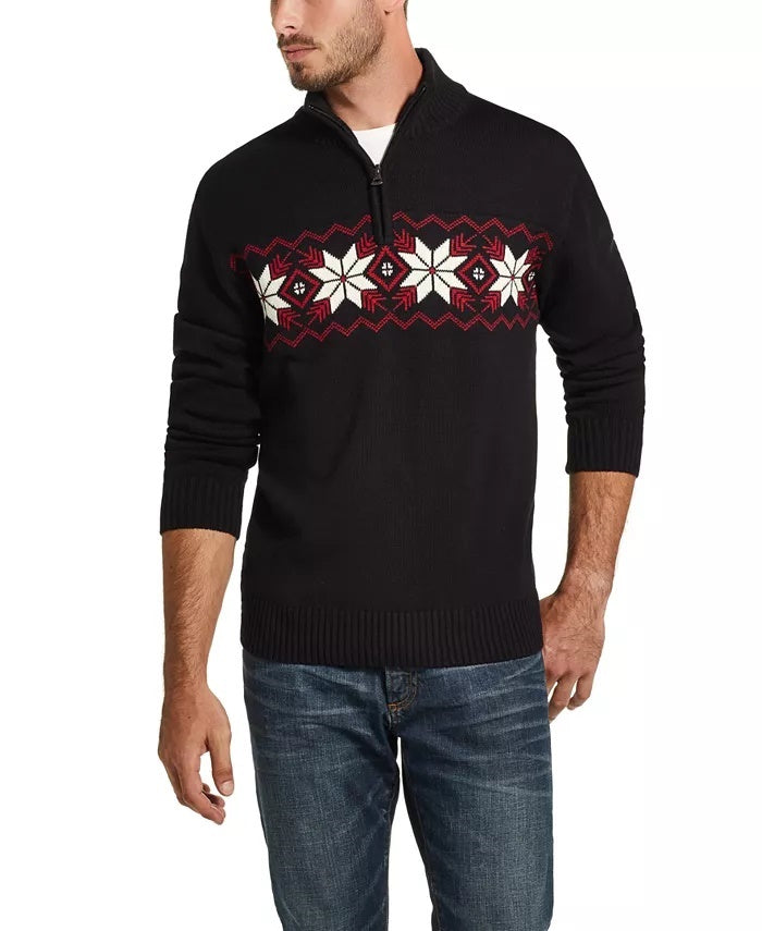 Suéter masculino vintage à prova de intempéries com zíper de 1/4 em floco de neve, preto, tamanho grande