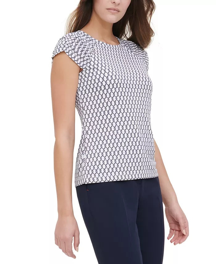 Blusa feminina Tommy Hilfiger estampada com manga franzida, branca, tamanho X-S