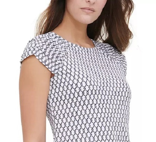 Blusa feminina Tommy Hilfiger estampada com manga franzida, branca, tamanho X-S