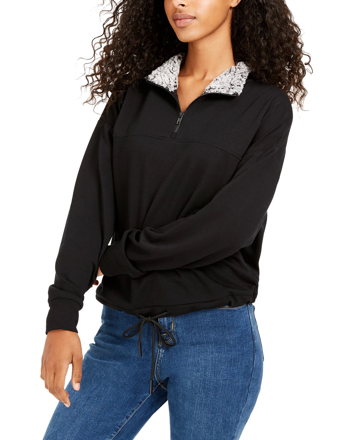 Moletom Hippie Rose Junior com forro Sherpa e zíper de um quarto, preto, tamanho grande