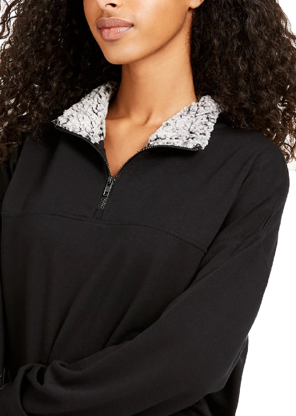 Moletom Hippie Rose Junior com forro Sherpa e zíper de um quarto, preto, tamanho grande