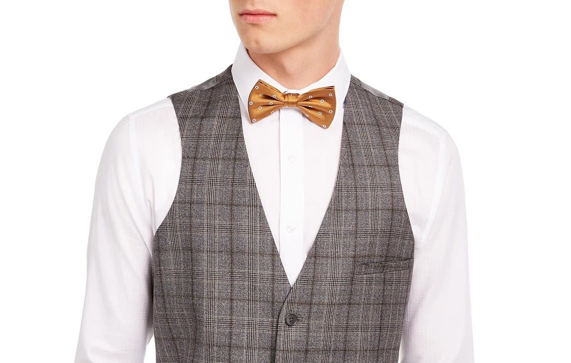 Terno xadrez cinza/marrom masculino Bar III Slim-Fit, colete separado, tamanho extragrande