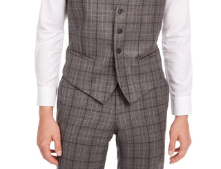 Terno xadrez cinza/marrom masculino Bar III Slim-Fit, colete separado, tamanho extragrande