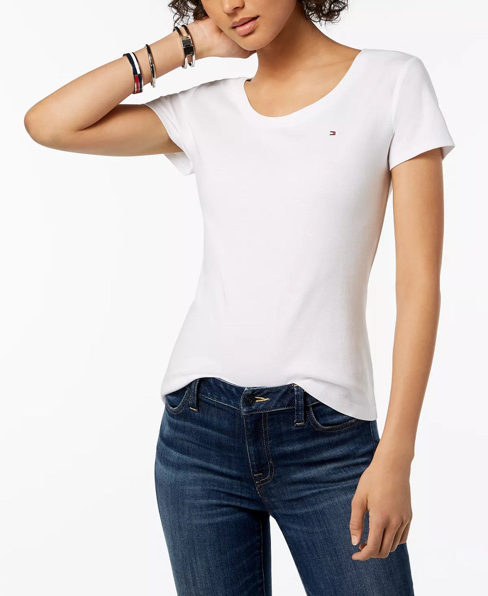 Camiseta feminina Tommy Hilfiger de algodão com decote redondo, branca, tamanho grande