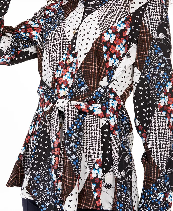 Tommy Hilfiger Blusa feminina estampada com botões na frente e amarração na cintura, preta, tamanho médio