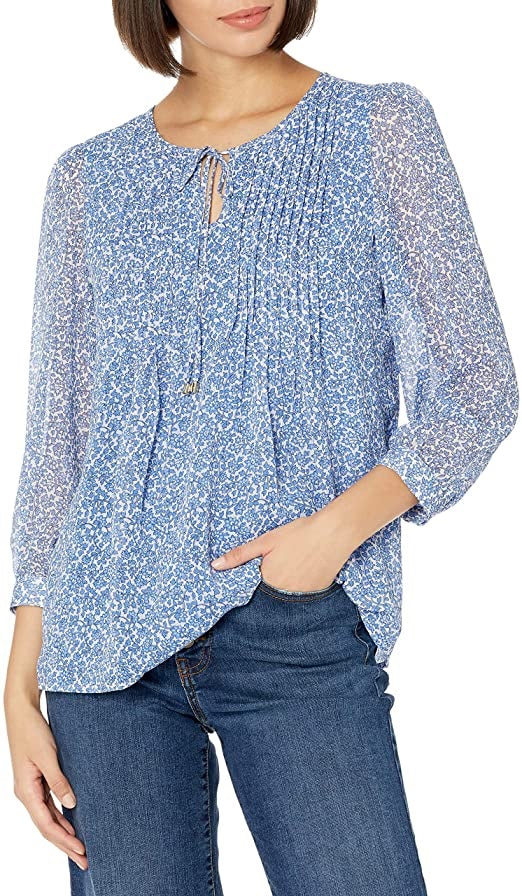 Blusa estampada franzida feminina Tommy Hilfiger, azul, tamanho X-G
