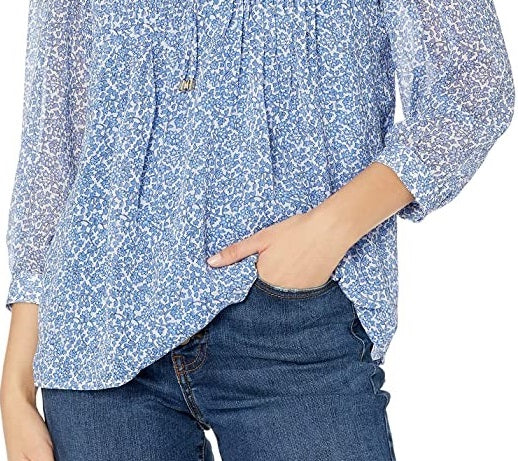 Blusa estampada franzida feminina Tommy Hilfiger, azul, tamanho X-G