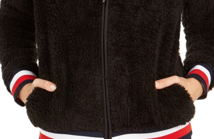 Tommy Hilfiger Moletom com capuz feminino Faux-Sherpa, preto, tamanho médio