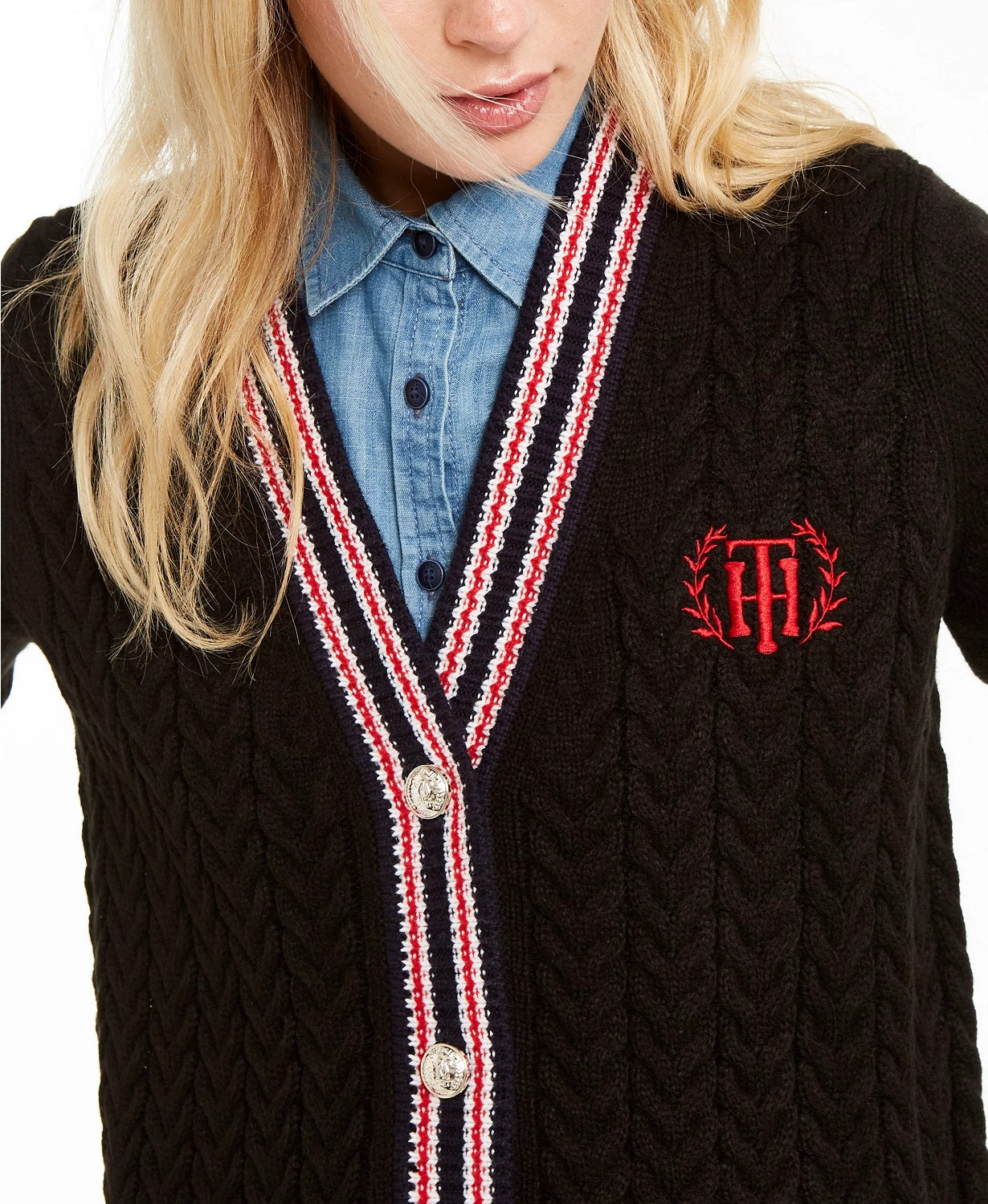 Cardigan feminino Tommy Hilfiger de tricô tipo cabo, preto, tamanho XX-G