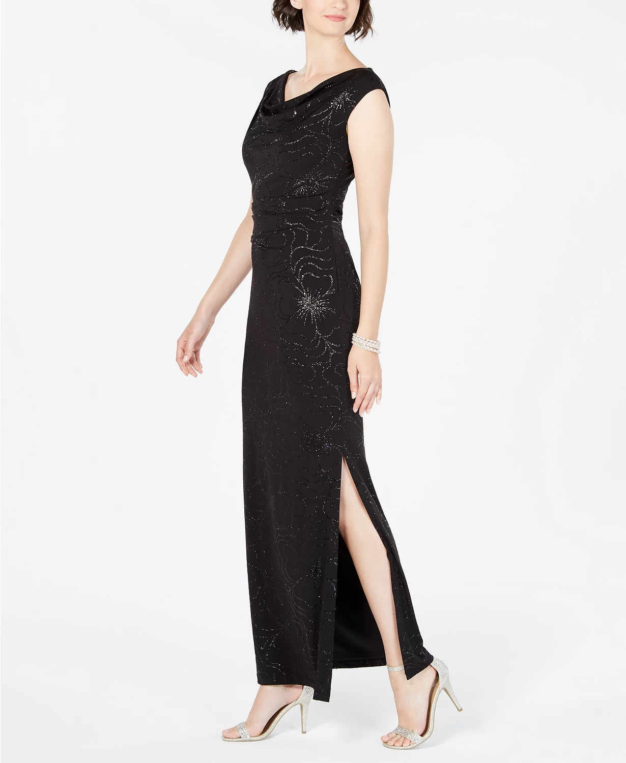 Vestido drapeado floral metálico pequeno feminino Jessica Howard, preto, tamanho 0