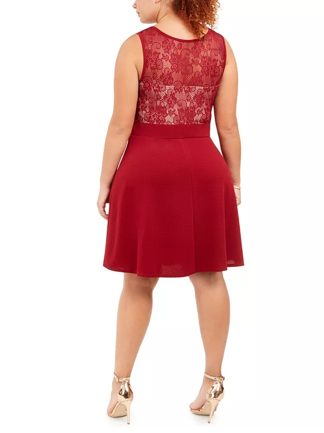 Vestido feminino Love Squared Trendy Plus Size com renda e ajuste evasê, vermelho, tamanho 3, extra grande