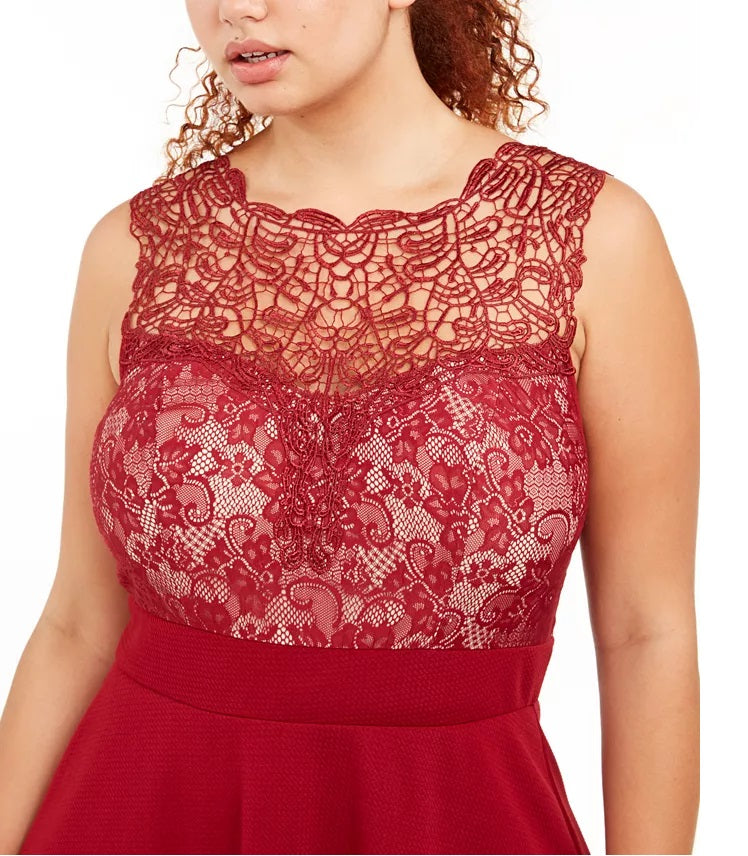 Vestido feminino Love Squared Trendy Plus Size com renda e ajuste evasê, vermelho, tamanho 3, extra grande