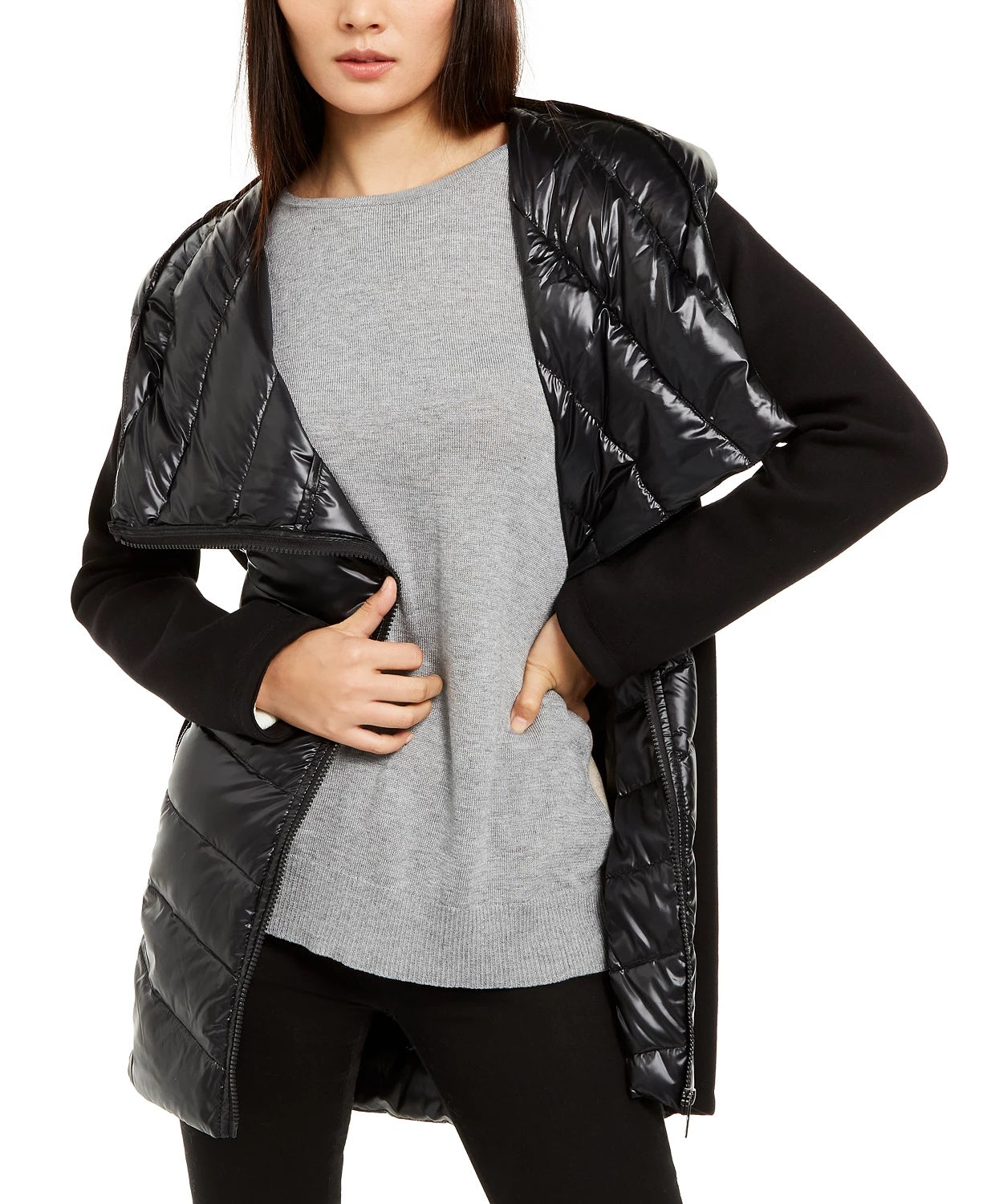 Jaqueta Puffer Assimétrica Feminina Calvin Klein Mix-Media Preta Tamanho X-G