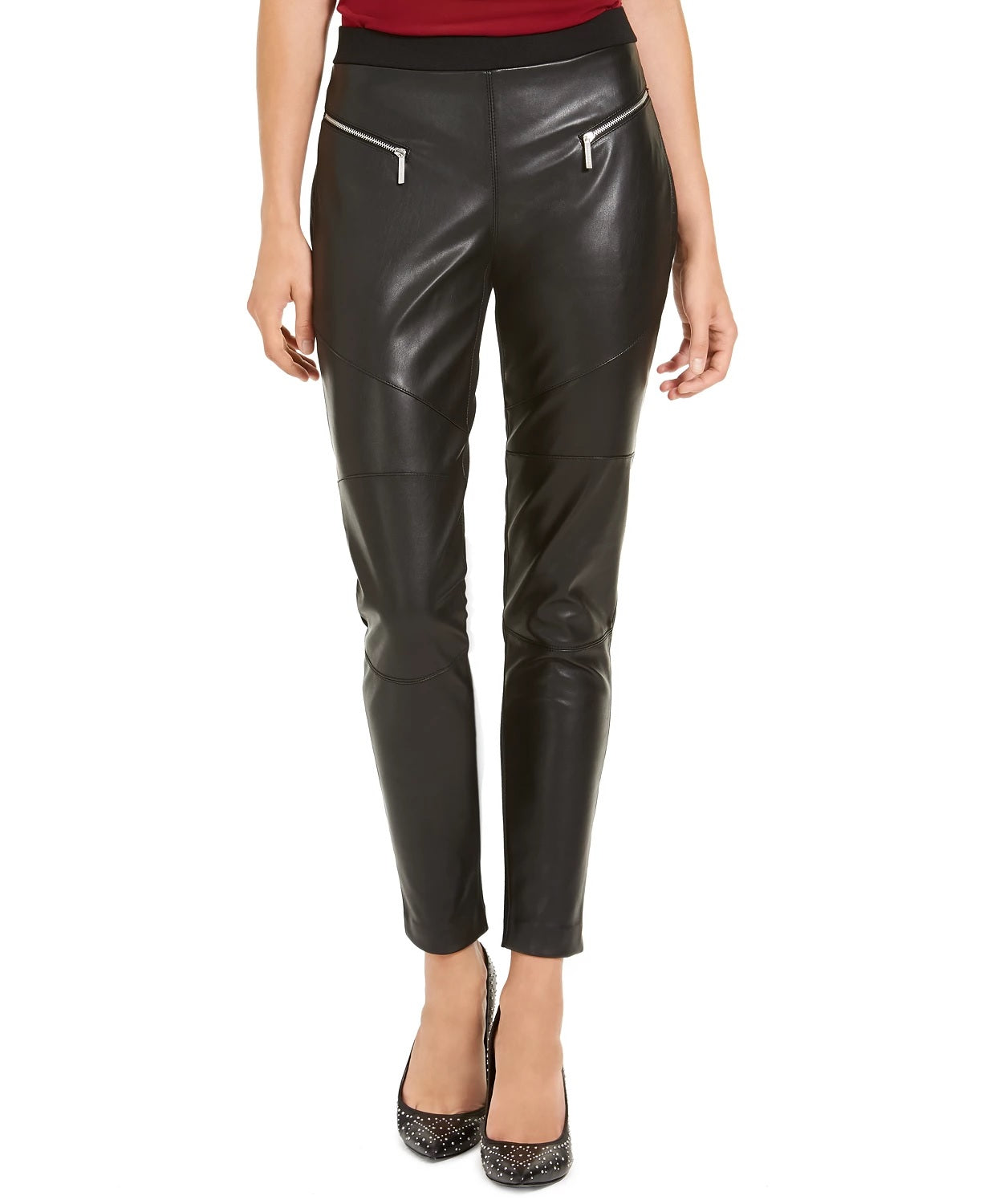 Leggings Moto Michael Kors Femininas em Couro Sintético, Pretas, Tamanho Médio