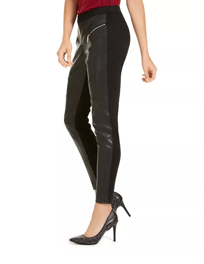 Leggings Moto Michael Kors Femininas em Couro Sintético, Pretas, Tamanho Médio