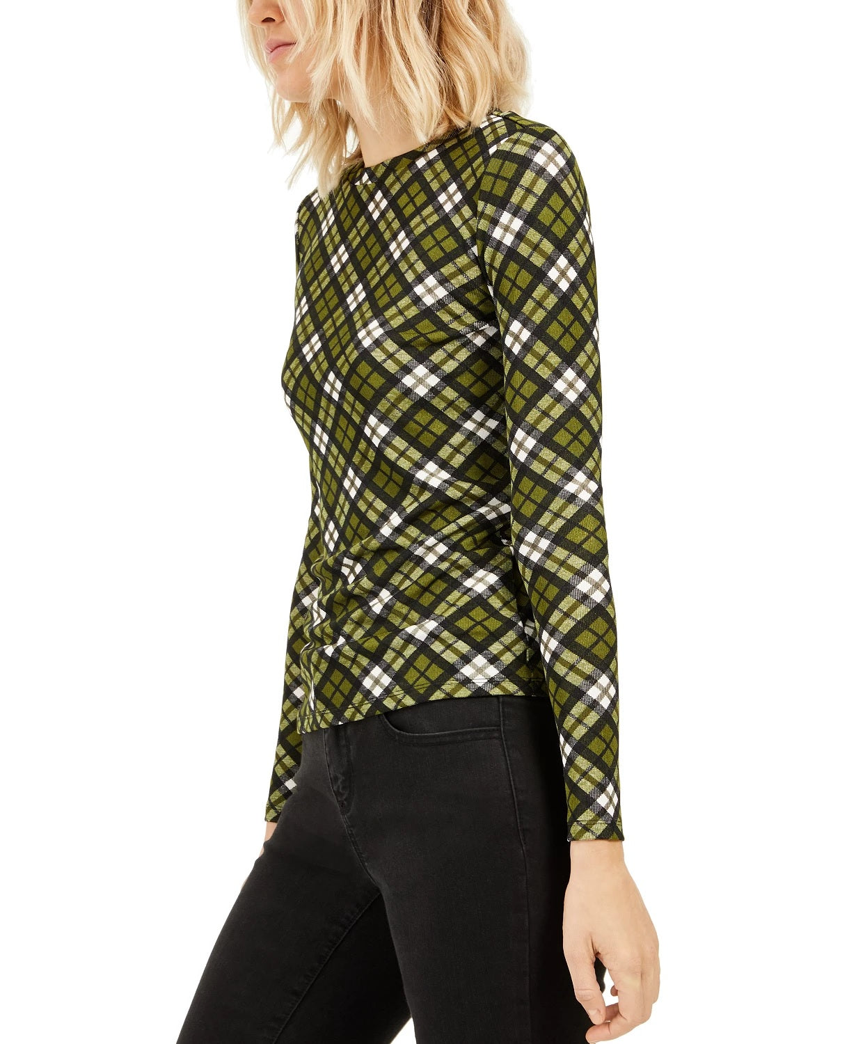 Blusa feminina xadrez Michael Kors de manga comprida, tamanho regular e pequeno, verde, tamanho pequeno