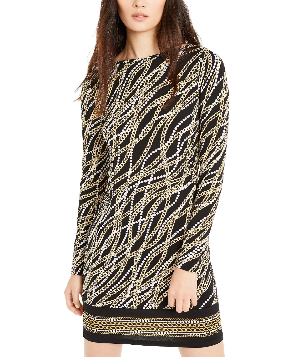 Vestido tubinho estampado feminino Michael Kors, manga comprida, cinza, tamanho médio