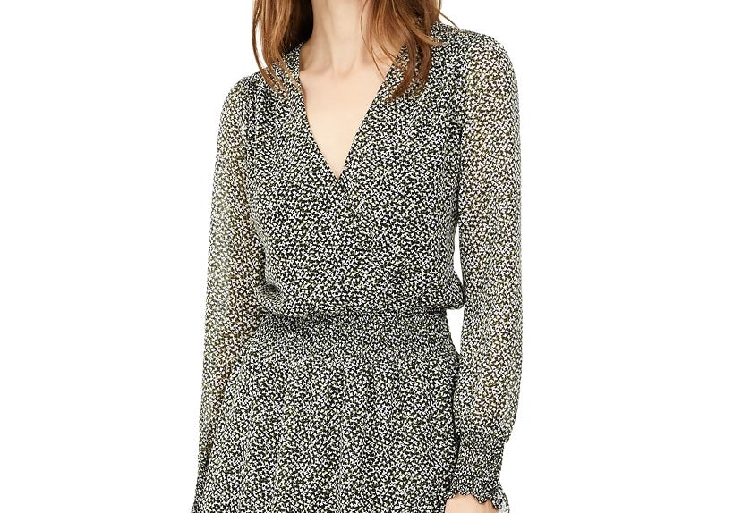 Vestido curto envelope Michael Kors feminino verde floral manga comprida tamanho grande
