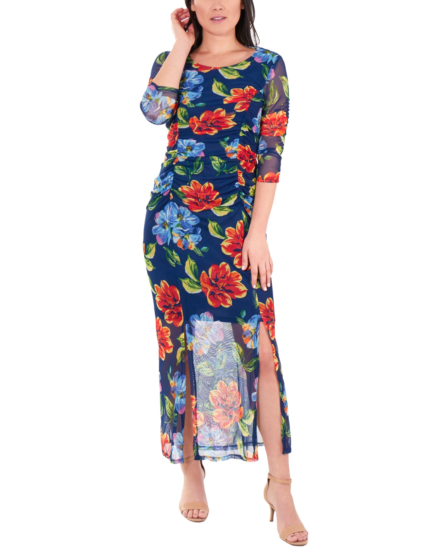Vestido longo feminino estampado com fenda dupla, azul marinho, tamanho extragrande, da NY Collection