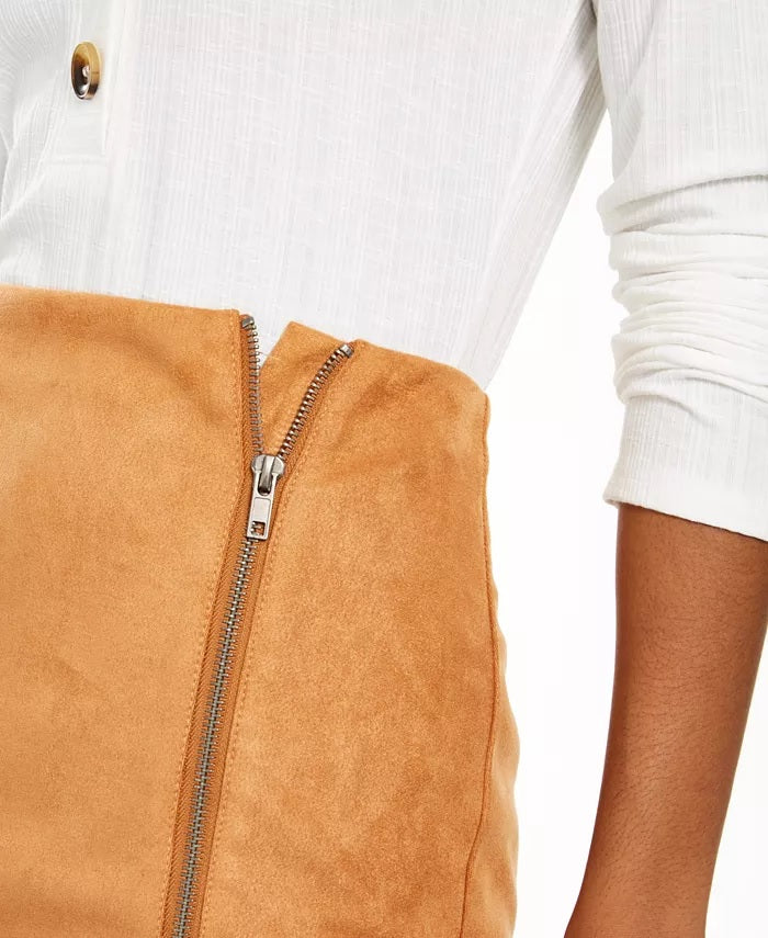 Minissaia com zíper de camurça sintética Love Fire Juniors, tamanho extragrande, marrom