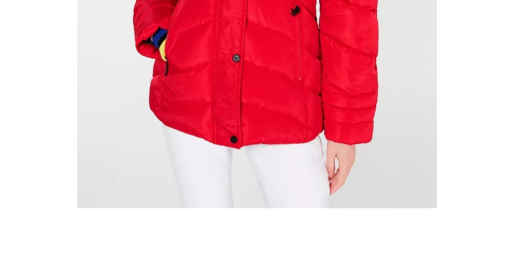 Casaco acolchoado com capuz e acabamento em pele sintética Madden Girl Juniors, vermelho, tamanho médio