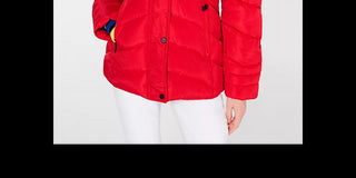 Casaco acolchoado com capuz e acabamento em pele sintética Madden Girl Juniors, vermelho, tamanho médio