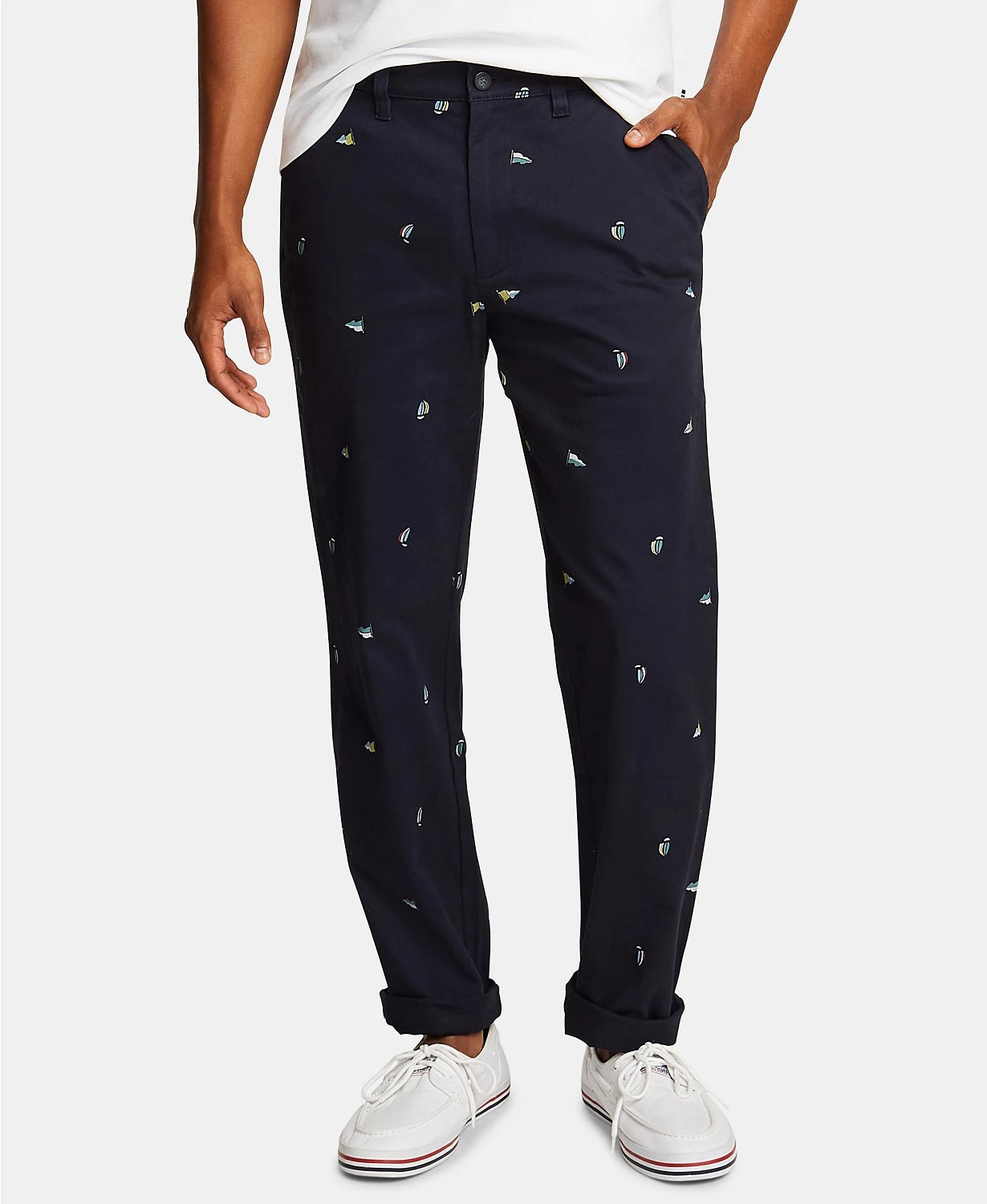 Calça de convés Nautica Icon Classic-Fit Stretch Sailboat com estampa de sarja, tamanho 33x30, masculina, azul