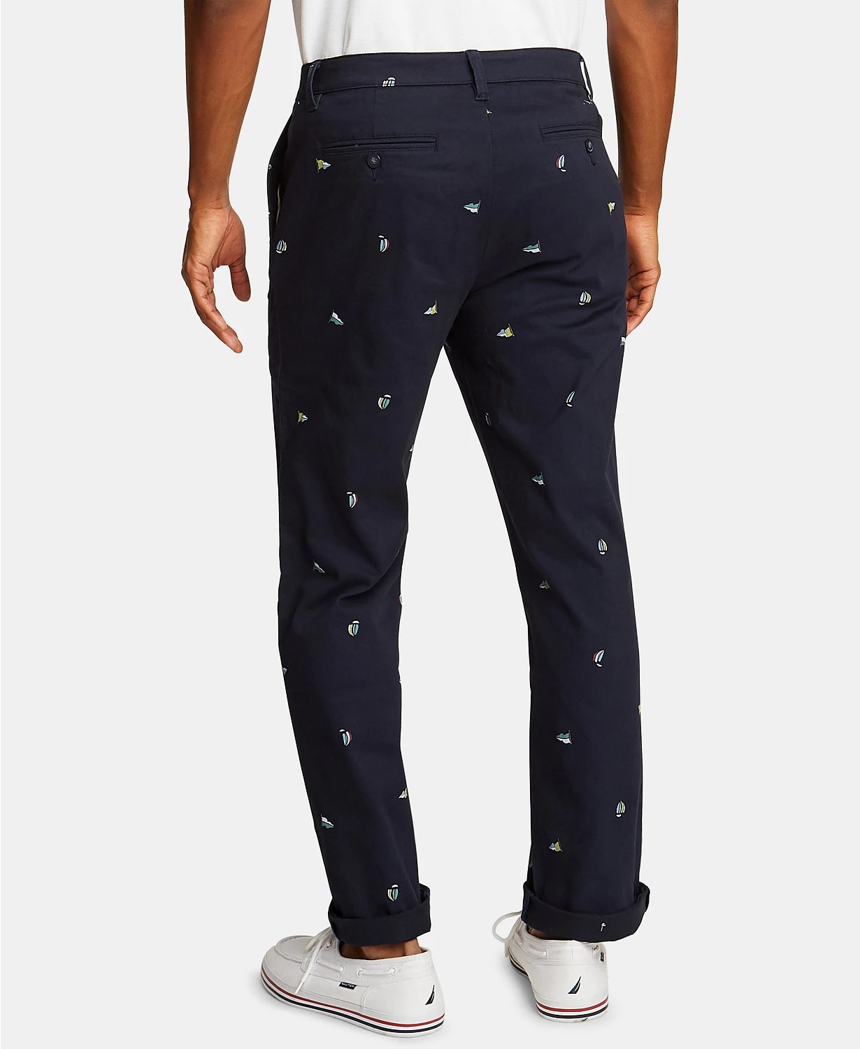 Calça de convés Nautica Icon Classic-Fit Stretch Sailboat com estampa de sarja, tamanho 33x30, masculina, azul