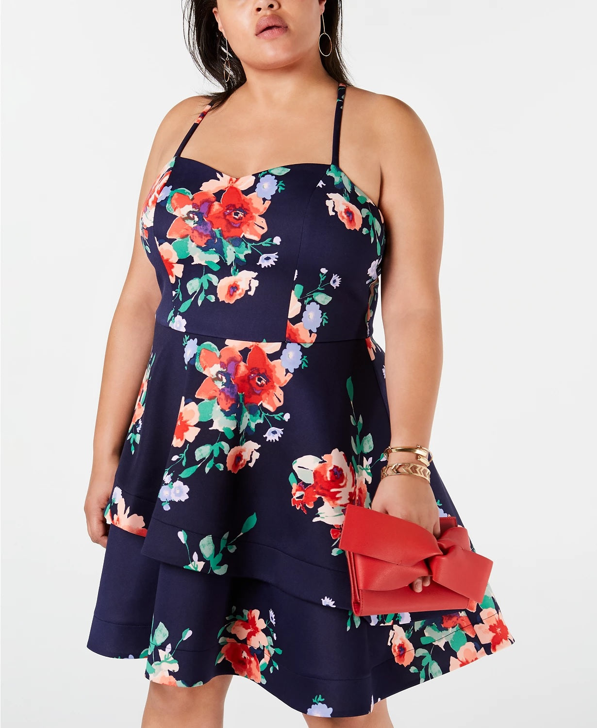 Vestido feminino com corte evasê floral moderno e estampado com lantejoulas e corações, vermelho, tamanho 18