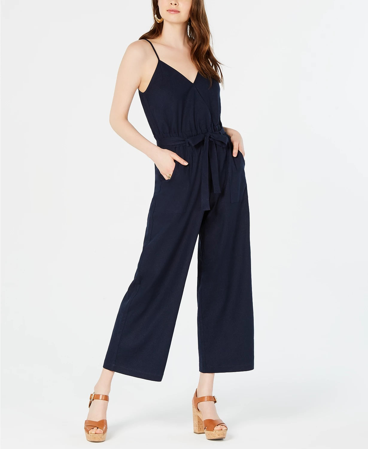 Macacão feminino Monteau Petite Paperbag com cintura larga e pernas largas, tamanho azul marinho, pequeno e grande