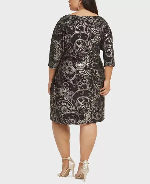 Vestido feminino Robbie Bee Plus Size com estampa de folha e nó lateral, preto, tamanho extra grande
