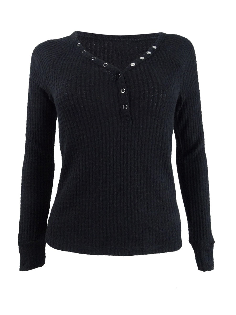 Blusa Henley de malha waffle aconchegante Ultra Flirt Juniors, preta, tamanho médio