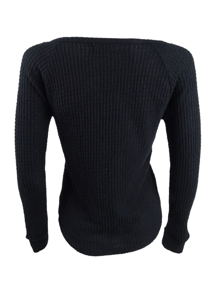 Blusa Henley de malha waffle aconchegante Ultra Flirt Juniors, preta, tamanho médio