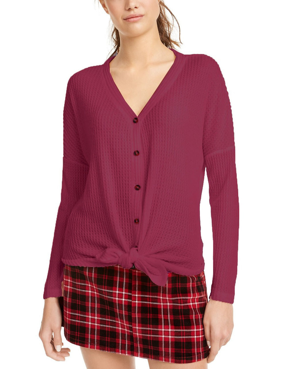 Blusa de malha waffle com amarração frontal Ultra Flirt Juniors, vermelho escuro, tamanho médio