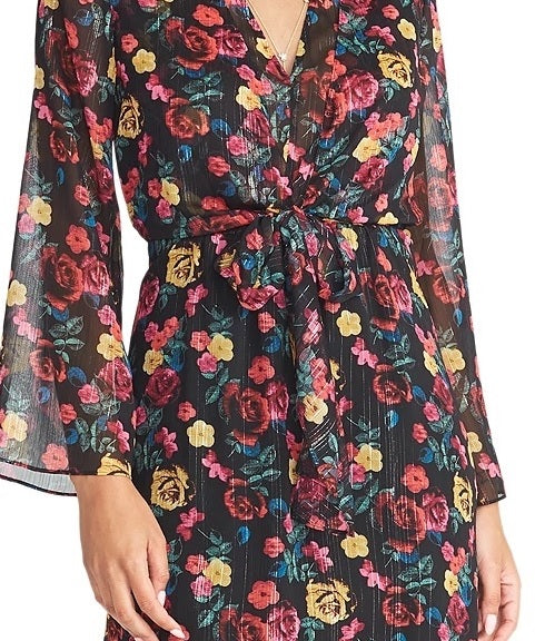 Vestido feminino Rachel Roy com estampa floral e amarração na cintura, preto, tamanho grande