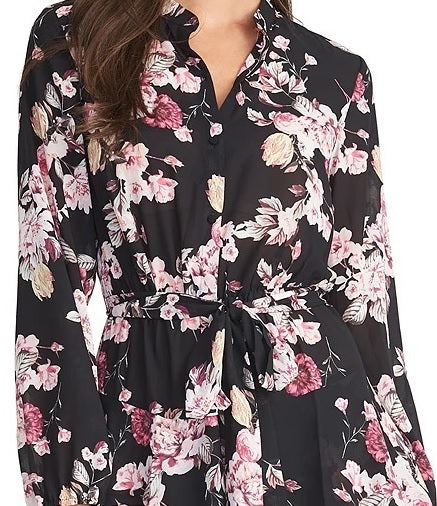 Vestido-camisa com cinto e estampa floral Ally, Rachel Roy, feminino, preto, tamanho pequeno