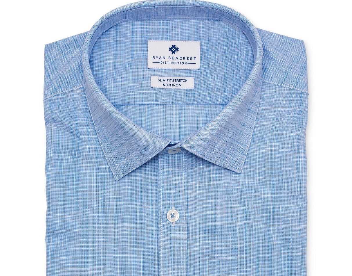Camisa social masculina Ryan Seacrest Distinction Ultimate Slim-Fit, elástica, sem necessidade de passar, azul, tamanho 14,5 x 32-33