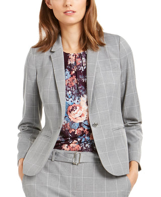 Calvin Klein Blazer Feminino com Estampa Windowpane e Botão Único Cinza Tamanho 6