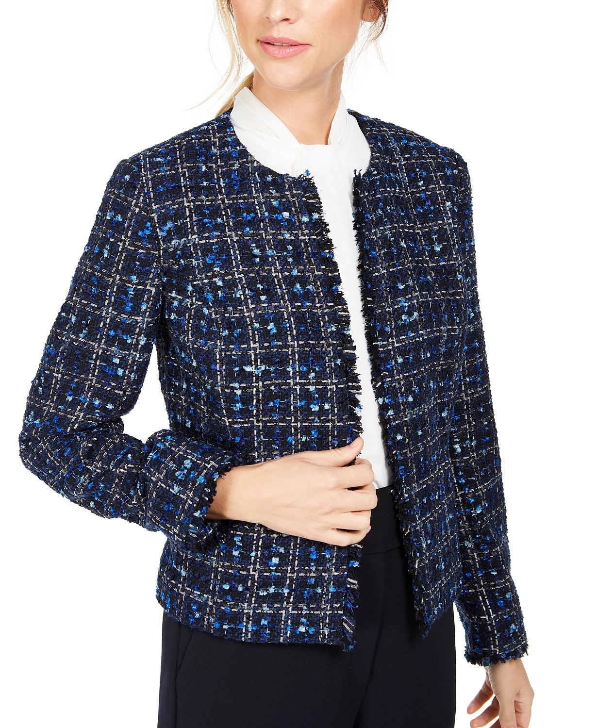 Jaqueta Calvin Klein Feminina Tweed Desfiada Azul Tamanho 6