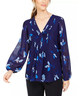 Blusa Calvin Klein Feminina Estampada Floral Pintuck Plissada Azul Tamanho Extra Pequeno