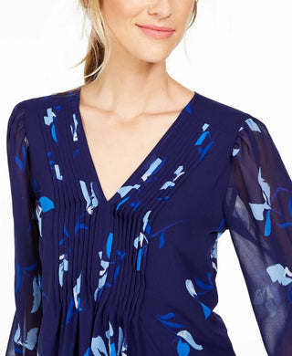 Blusa Calvin Klein Feminina Estampada Floral Pintuck Plissada Azul Tamanho Extra Pequeno