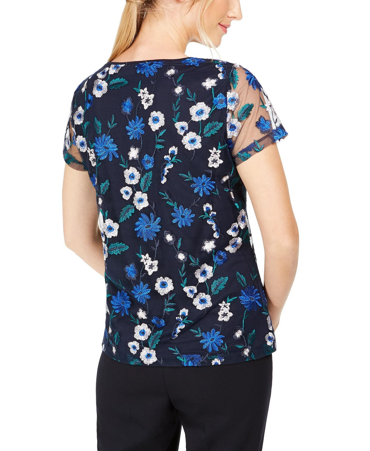 Blusa de malha bordada floral feminina Calvin Klein, azul, tamanho médio