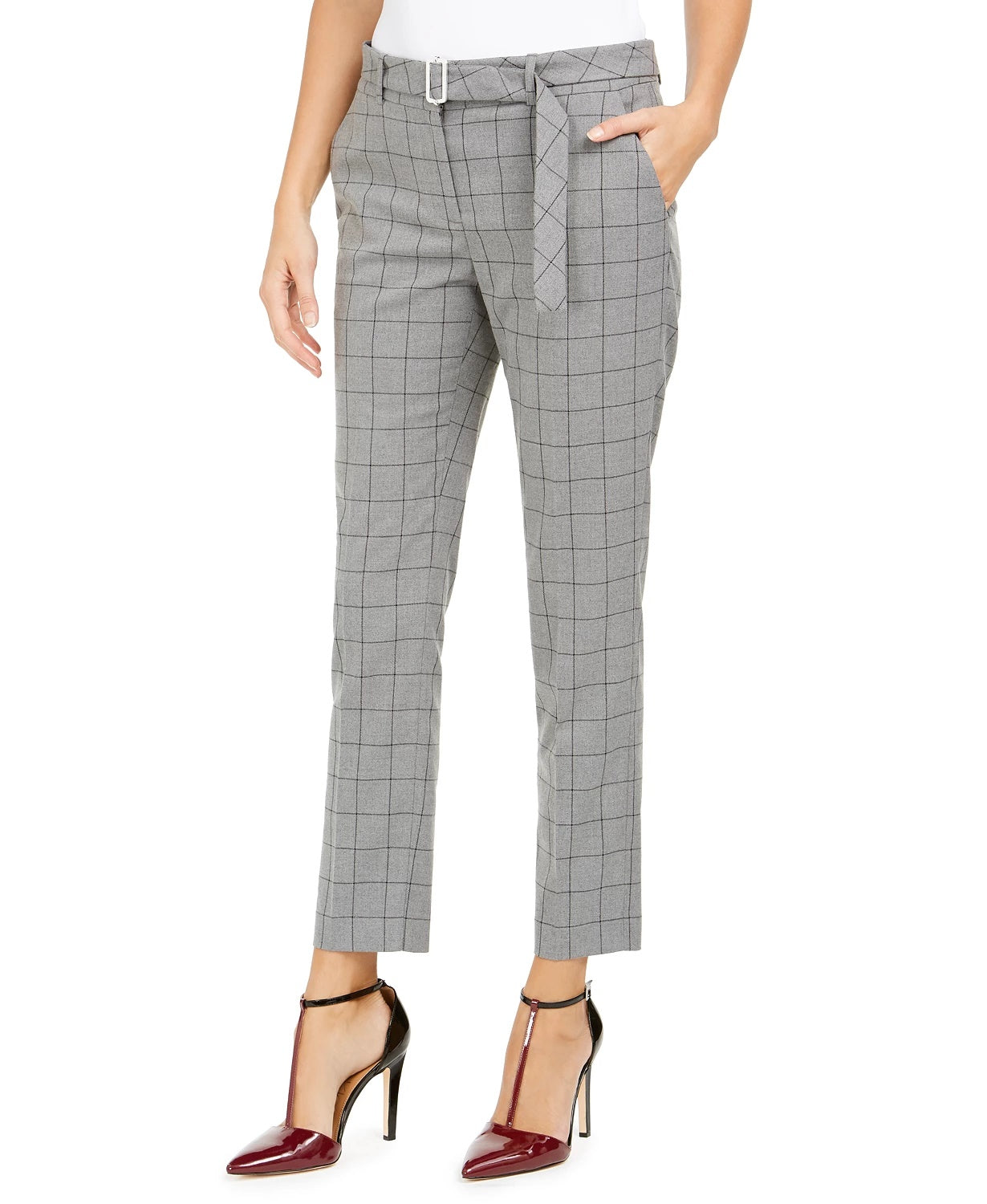 Calça Calvin Klein Feminina Estampada Windowpane com Cinto Cinza Tamanho 14